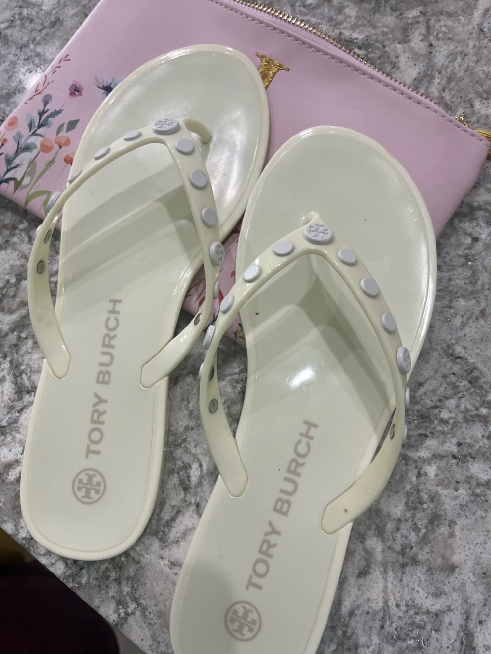 Tory Burch Ivory Jelly Flip Sandals with Stud Accents
